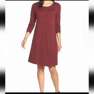 Eileen Fisher Red Merino Wool Jewel Neck Sweater Dress Asymmetric Small